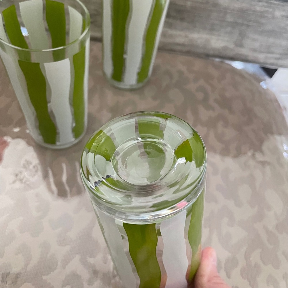 Vintage MCM Highball Glasses Set of 3 Green White Wavy Stripe Retro Tumblers - Picture 3 of 3